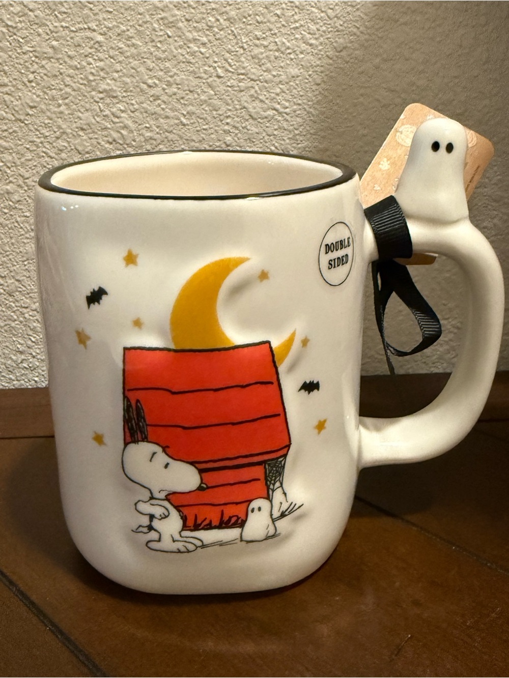 Rae Dunn White Ceramic Snoopy Halloween Mug with Red Doghouse and Yellow Moon